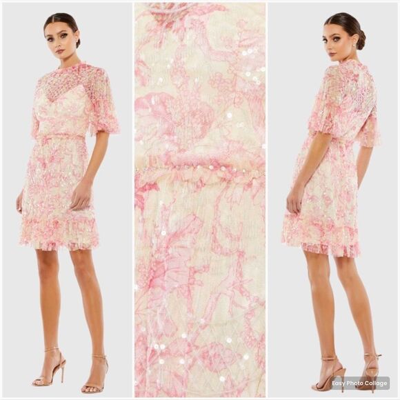 MAC DUGGAL  9148 Womens Pink Flounce Sleeve Floral Embellished Dress - Picture 1 of 15